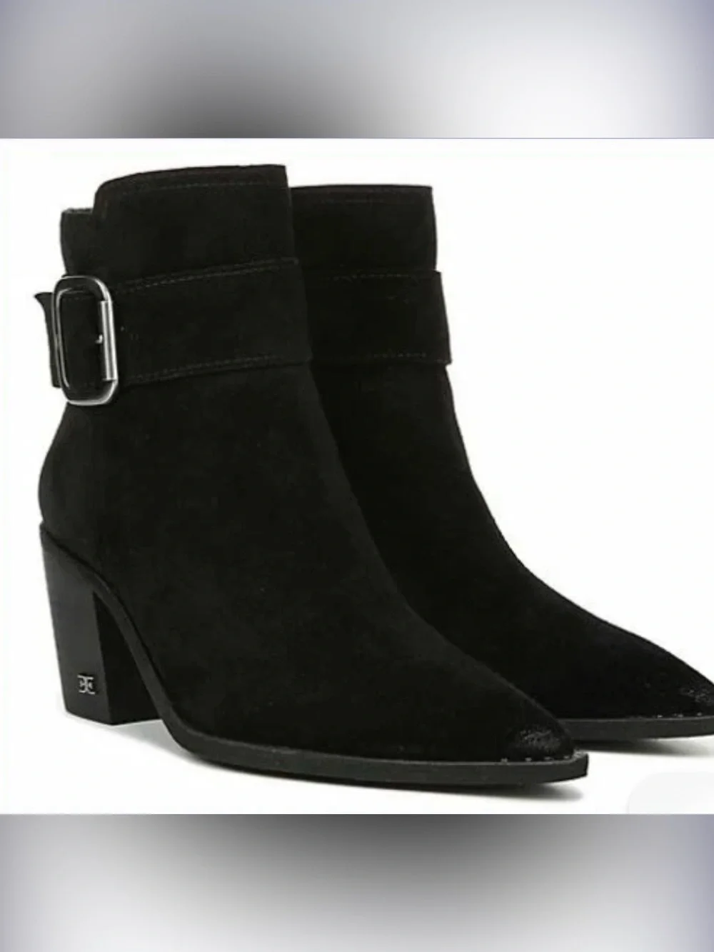 Sam Edelman Leonia Black Suede Pointed Toe Ankle Booties with buckle detail